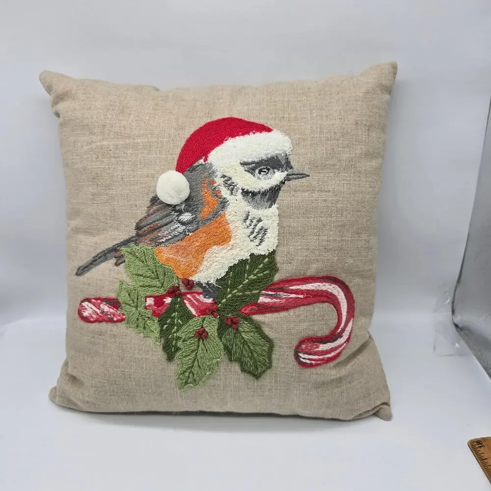 Pier 1 Embroidered Bird Wearing a Santa Hat on Candy Cane Pillow Burlap 14